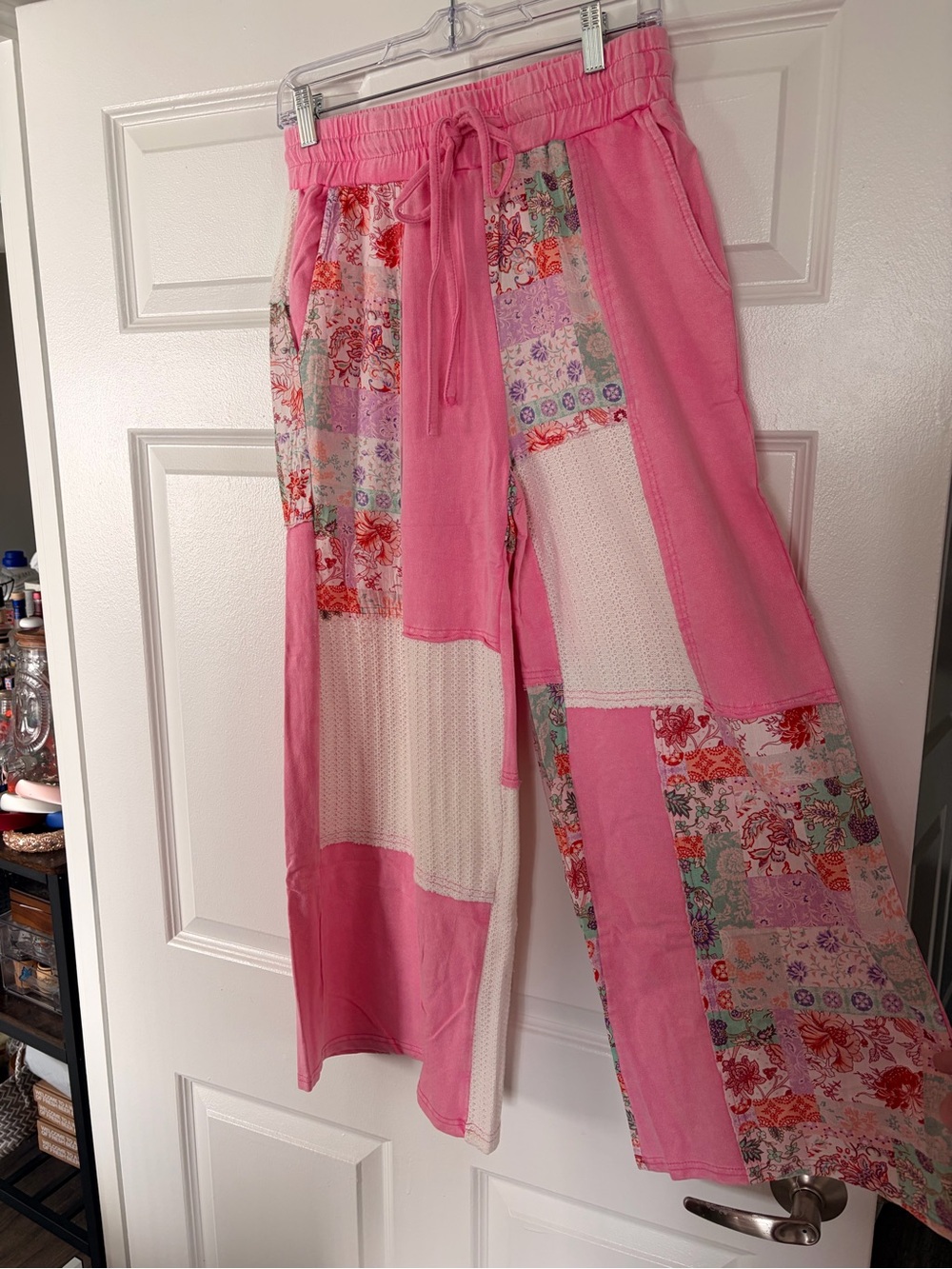 Pink Patchwork Wide-Leg Drawstring Pants - Picture 1 of 6
